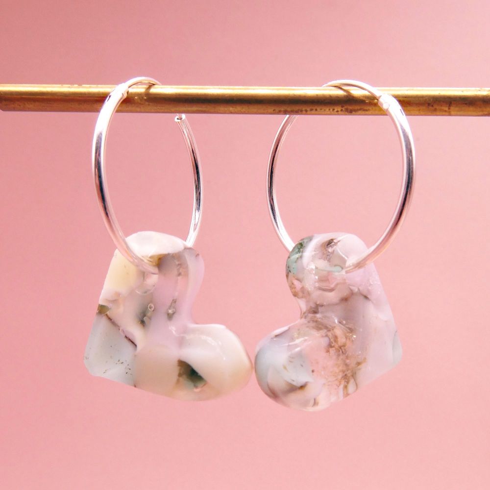 Pastel Glass Heart earrings on sterling silver hoops 