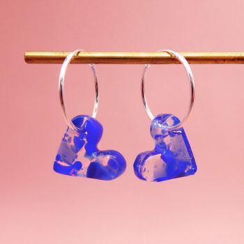 Cobalt Blue Glass Heart earrings on sterling silver hoops 