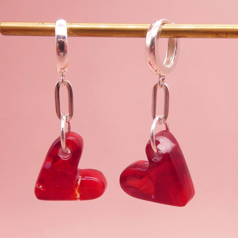 Deep Red Glass Heart earrings on sterling silver