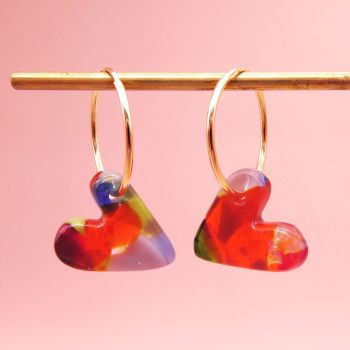Multicoloured Glass Hearts on Gold filled hoop earrings