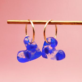 Cobalt Blue Glass Hearts on Gold filled hoop earrings