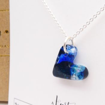 Mixed Blue glass heart on silver necklace