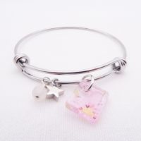Transparent pink Floral Glass Tile  On a Silver Plated Bangle #2