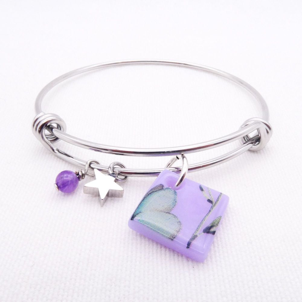 Lilac Glass Tile On a Silver Plated Bangle 
