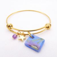 Blue Glass Tile  On a 14K Gold Plated Bangle 