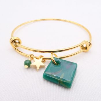 Green Glass Tile  On a 14K Gold Plated Bangle 
