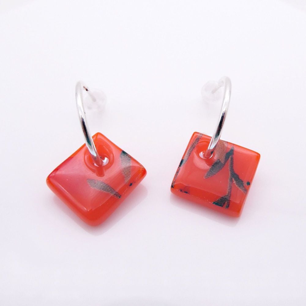 Orange glass tile hoop earrings