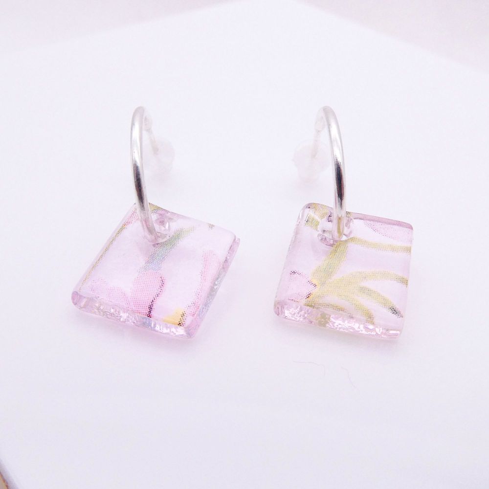 Transparent Pink glass tile hoop earrings
