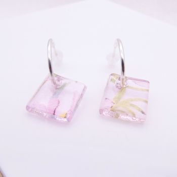 Transparent Pink glass tile hoop earrings