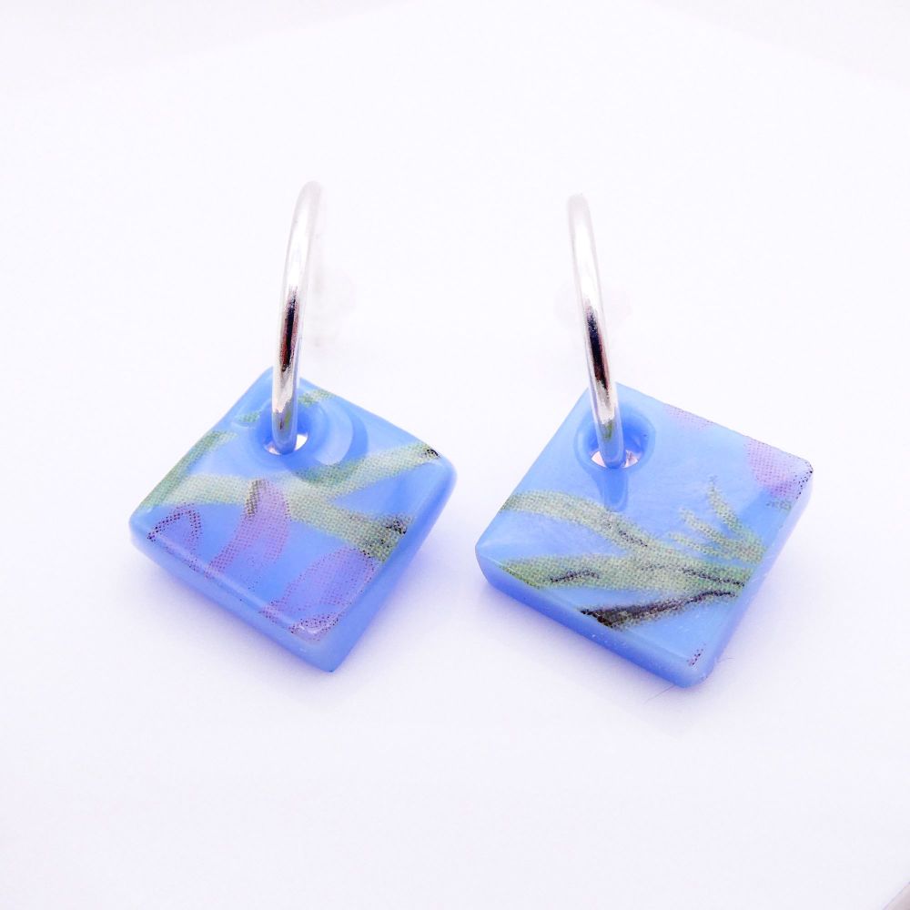 Blue glass tile hoop earrings