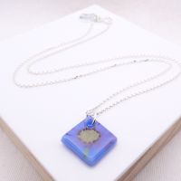 Blue Glass Tile Necklace- flower
