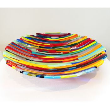 Large fused and slumped colourful glass bowl