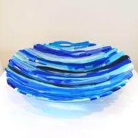 Large fused and slumped glass bowl in Blues
