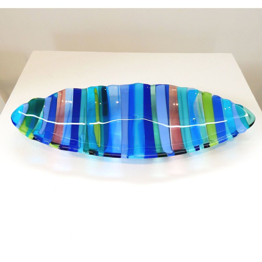Large fused glass boat bowl in blues