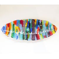 Large fused glass boat bowl in multicoloured jigsaws