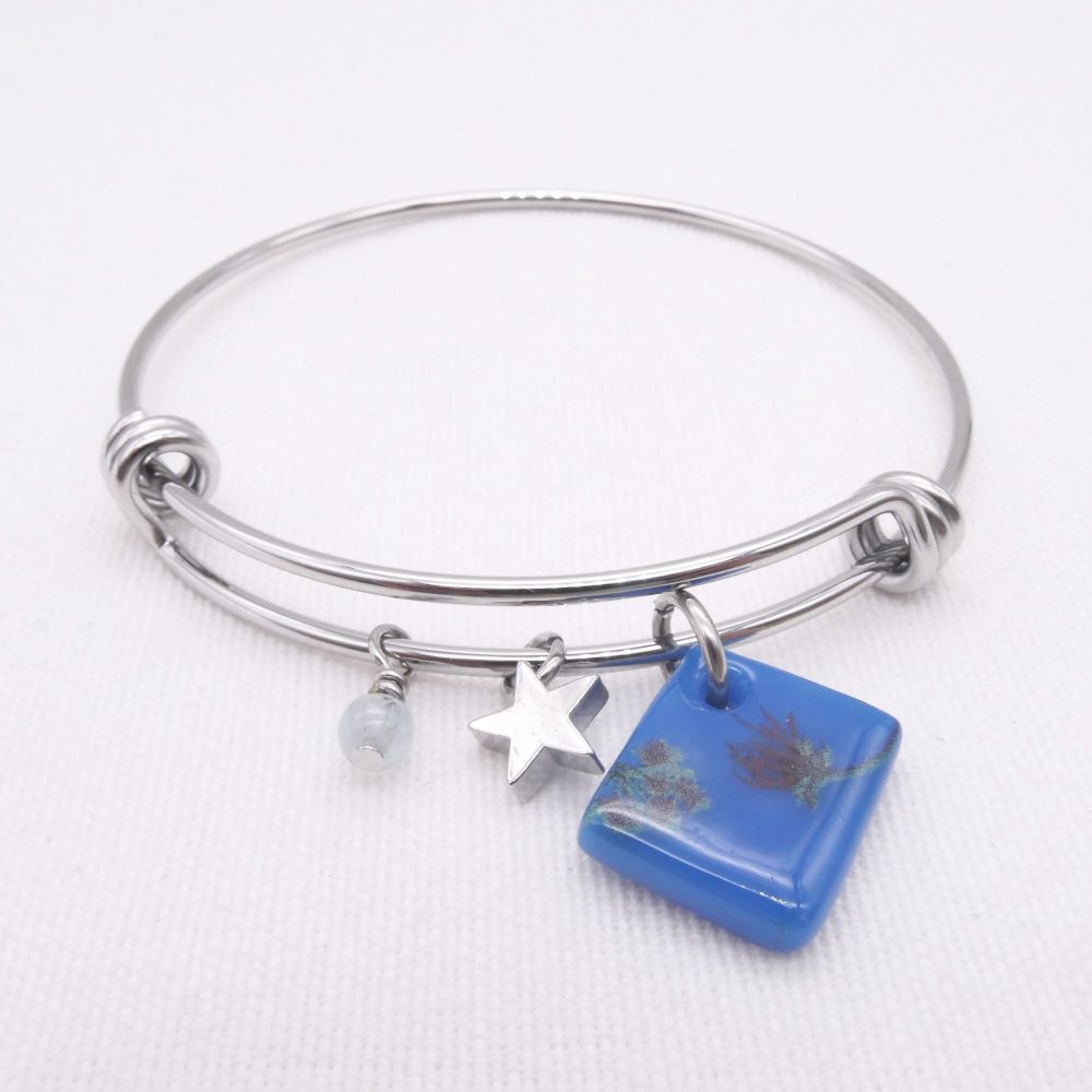 Teal Blue Glass Tile On a Silver Plated Bangle