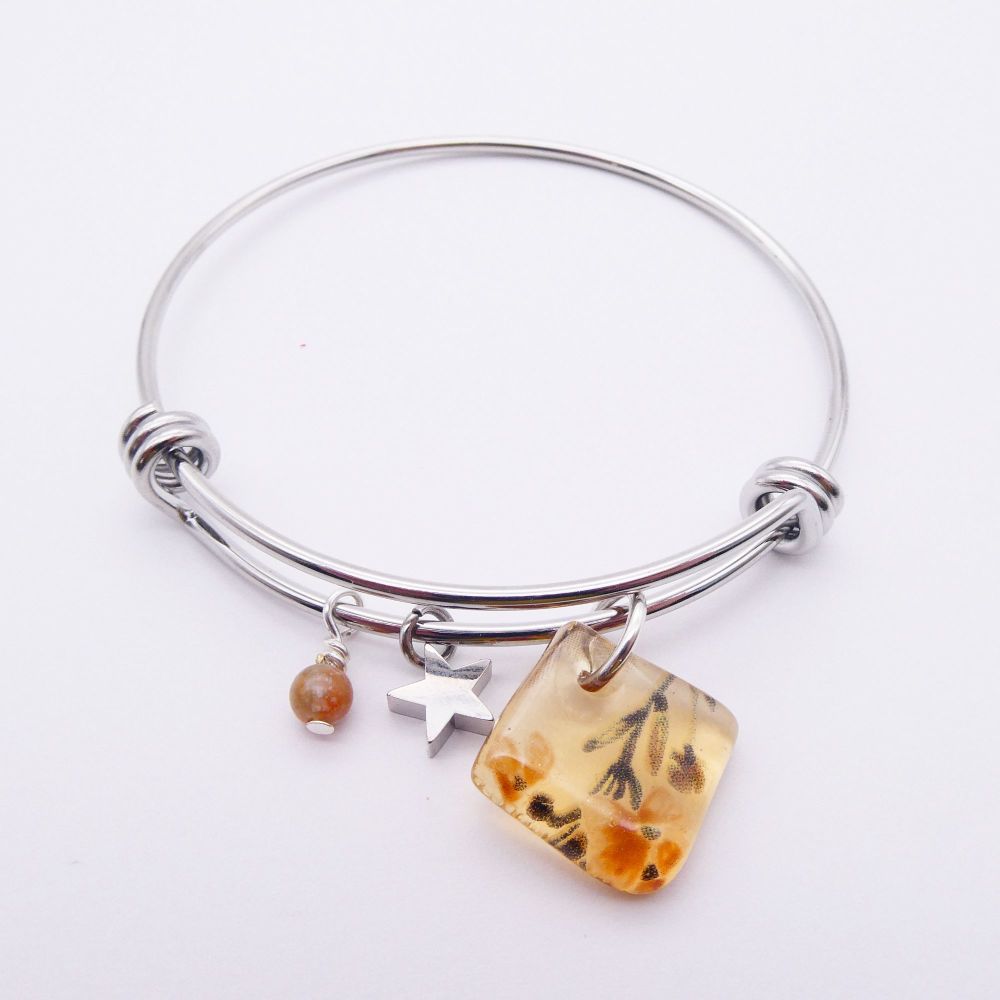 Yellow Amber  Glass Tile On a Silver Plated Bangle 