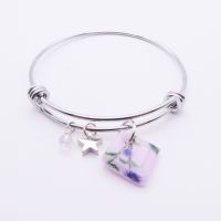 Pink Floral Glass Tile  On a Silver Plated Bangle 
