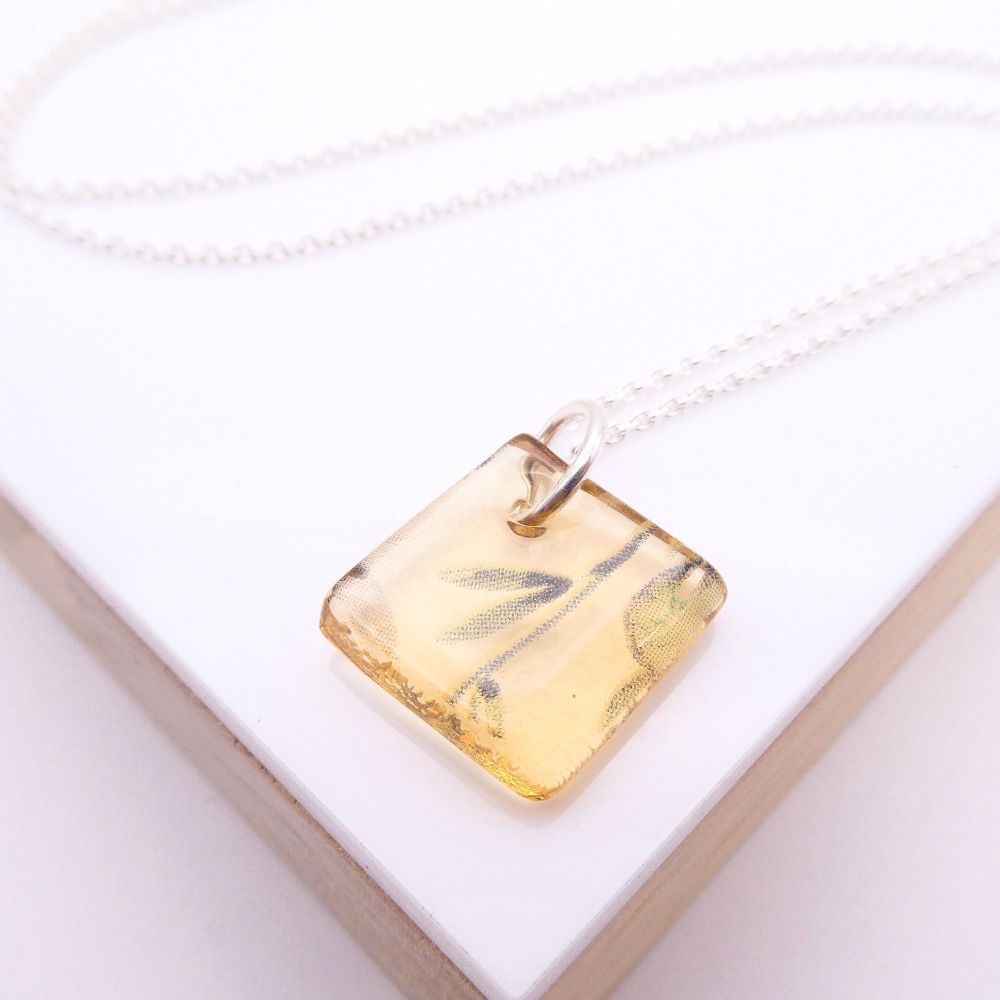 Yellow Amber Glass Tile Necklace- flower