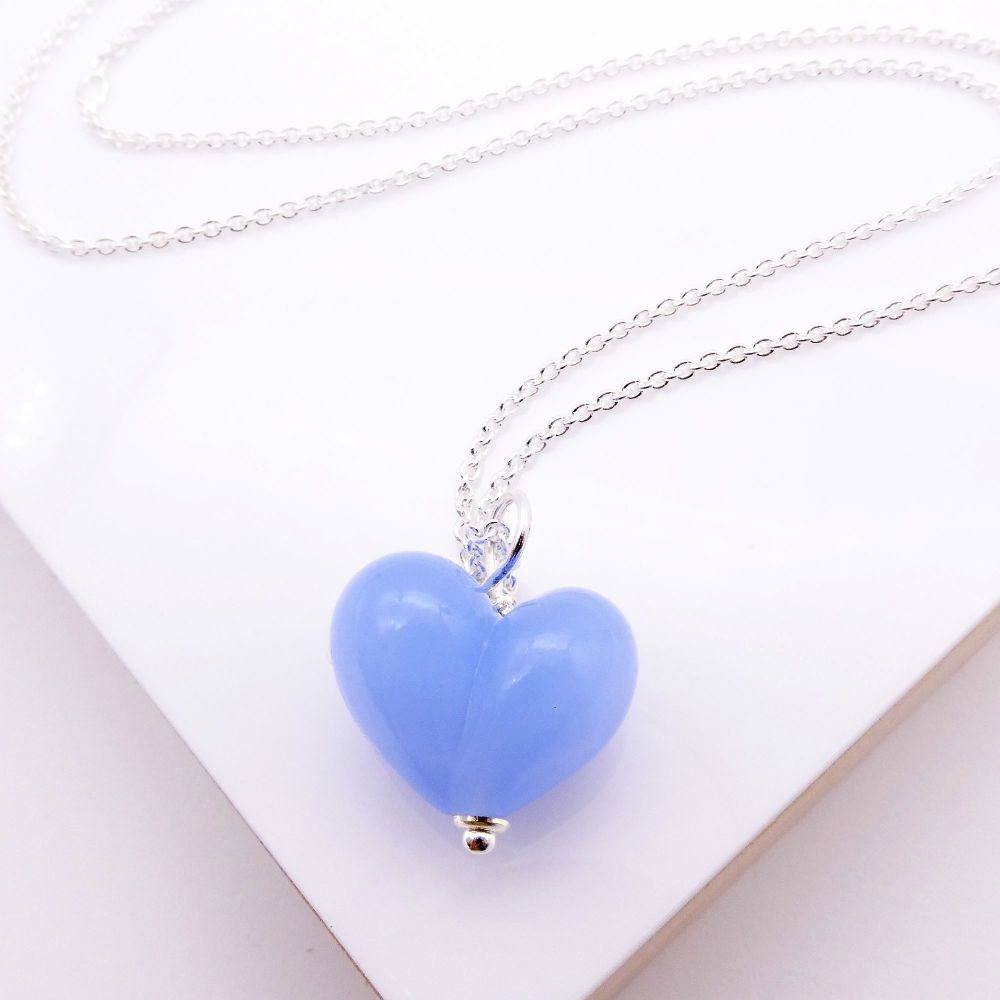 NEW Cornflower Blue Bauble Glass Heart Necklace