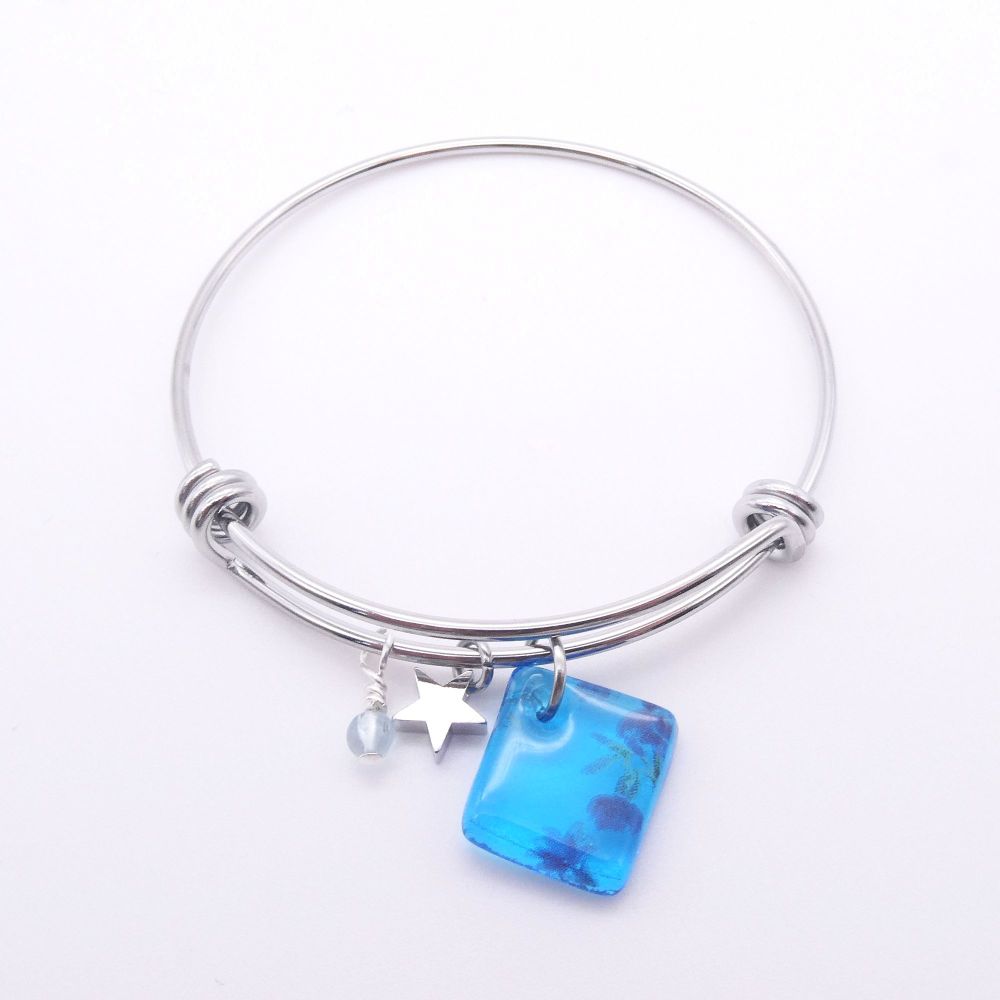 Transparent Blue Floral Glass Tile  On a Silver Plated Bangle  #2