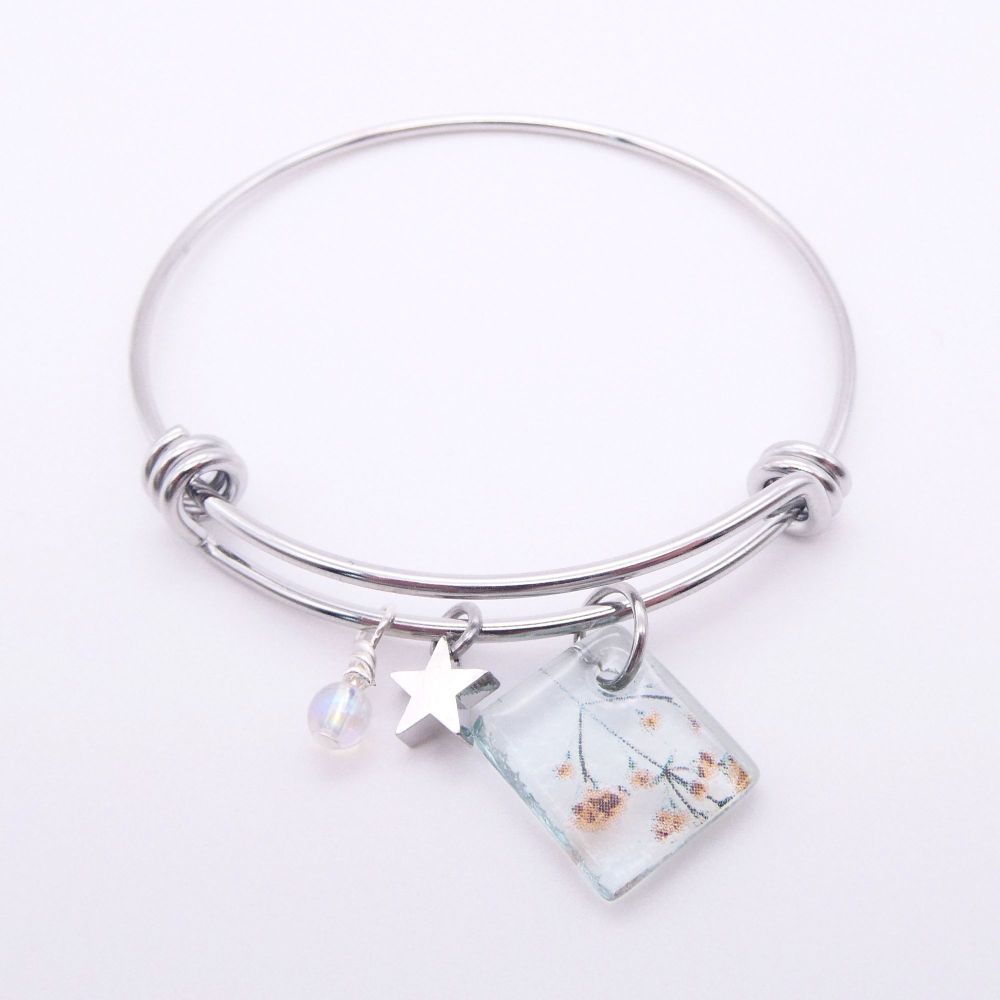 Transparent Floral Glass Tile  On a Silver Plated Bangle 