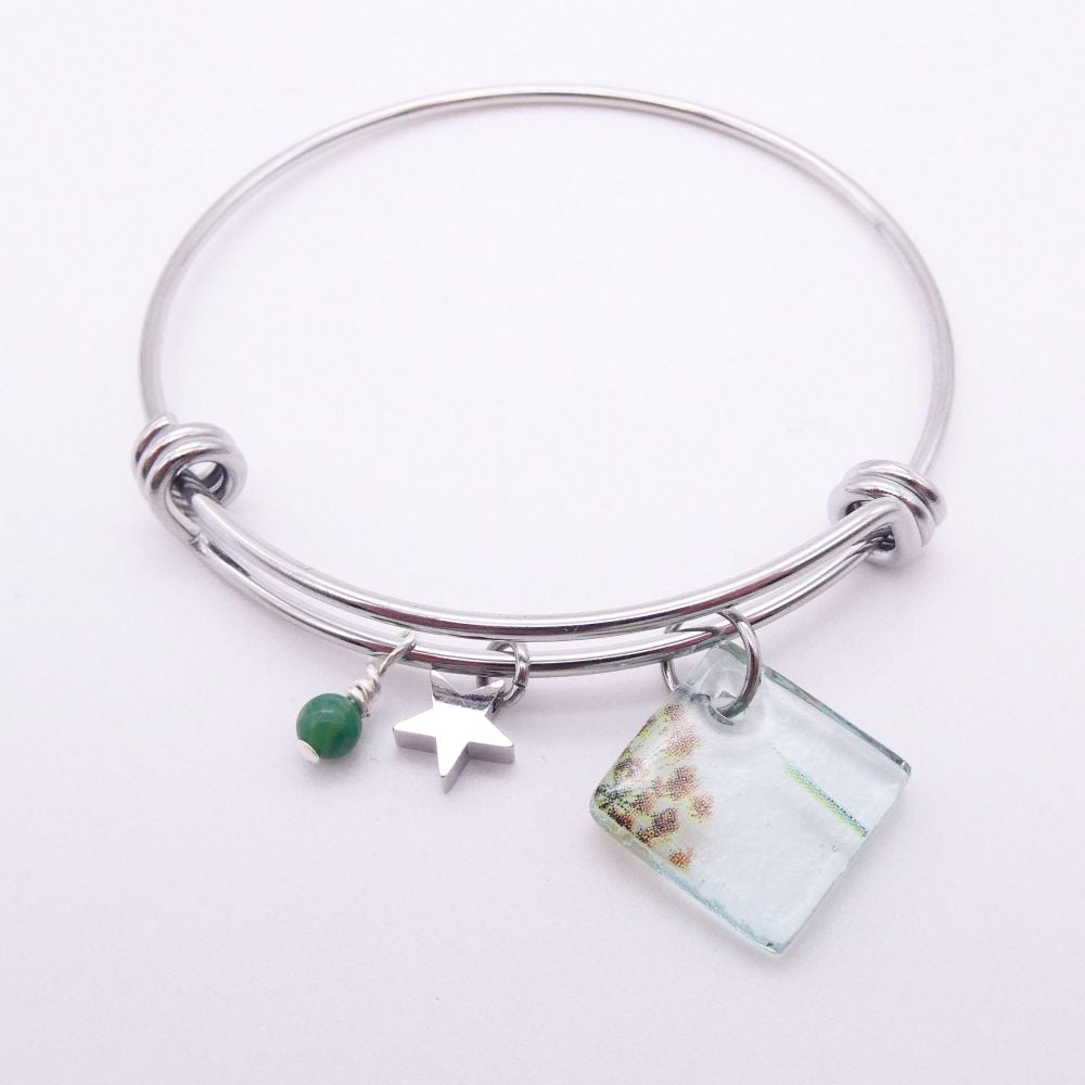 Transparent Floral Glass Tile  On a Silver Plated Bangle #2