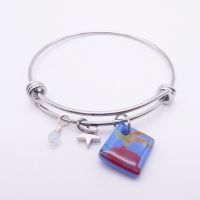 Blue Floral Glass Tile  On a Silver Plated Bangle 