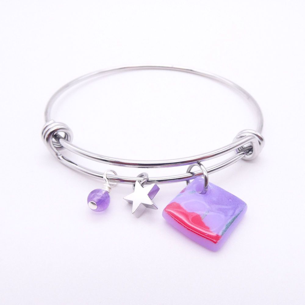 Lilac Floral Glass Tile On a Silver Plated Bangle