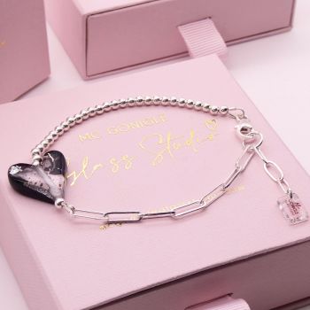 Handcarved Monochrome glass heart on a silver Long link bracelet
