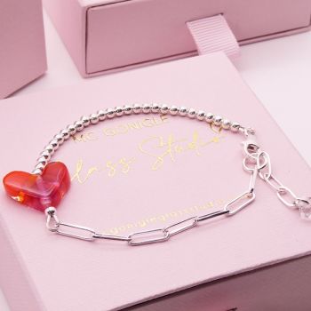 Red, Orange and Pink glass heart on a silver Long link bracelet