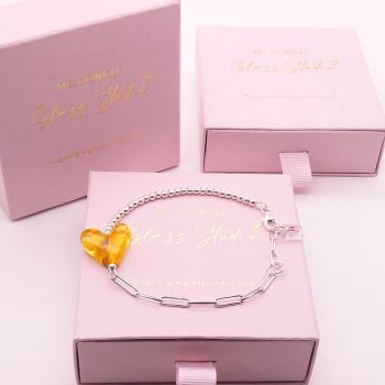 Yellow glass heart on a silver Long link bracelet