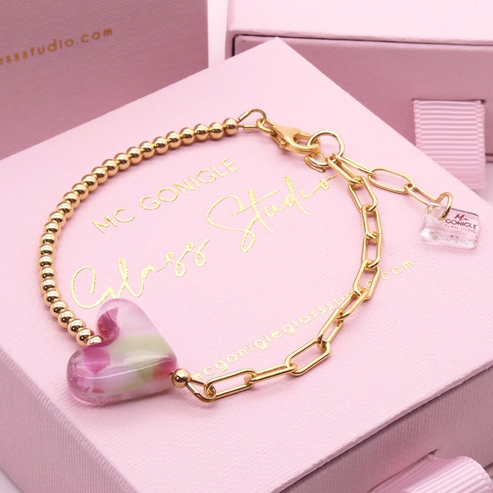 Pastel glass heart on a Gold filled Long link bracelet #2