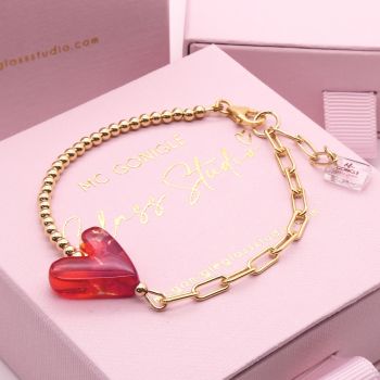 Red and Orange glass heart on a Gold filled Long link bracelet #1