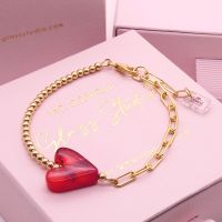 Red and Orange glass heart on a Gold filled Long link bracelet #2