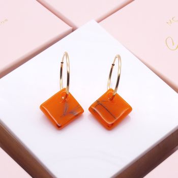Orange Glass tiles on Gold filled hoop earrings