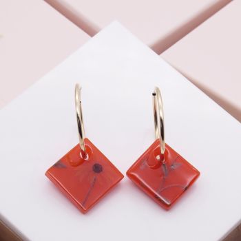 Dark Orange Glass tiles on Gold filled hoop earrings