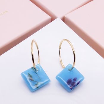 Light Blue Glass tiles on Gold filled hoop earrings