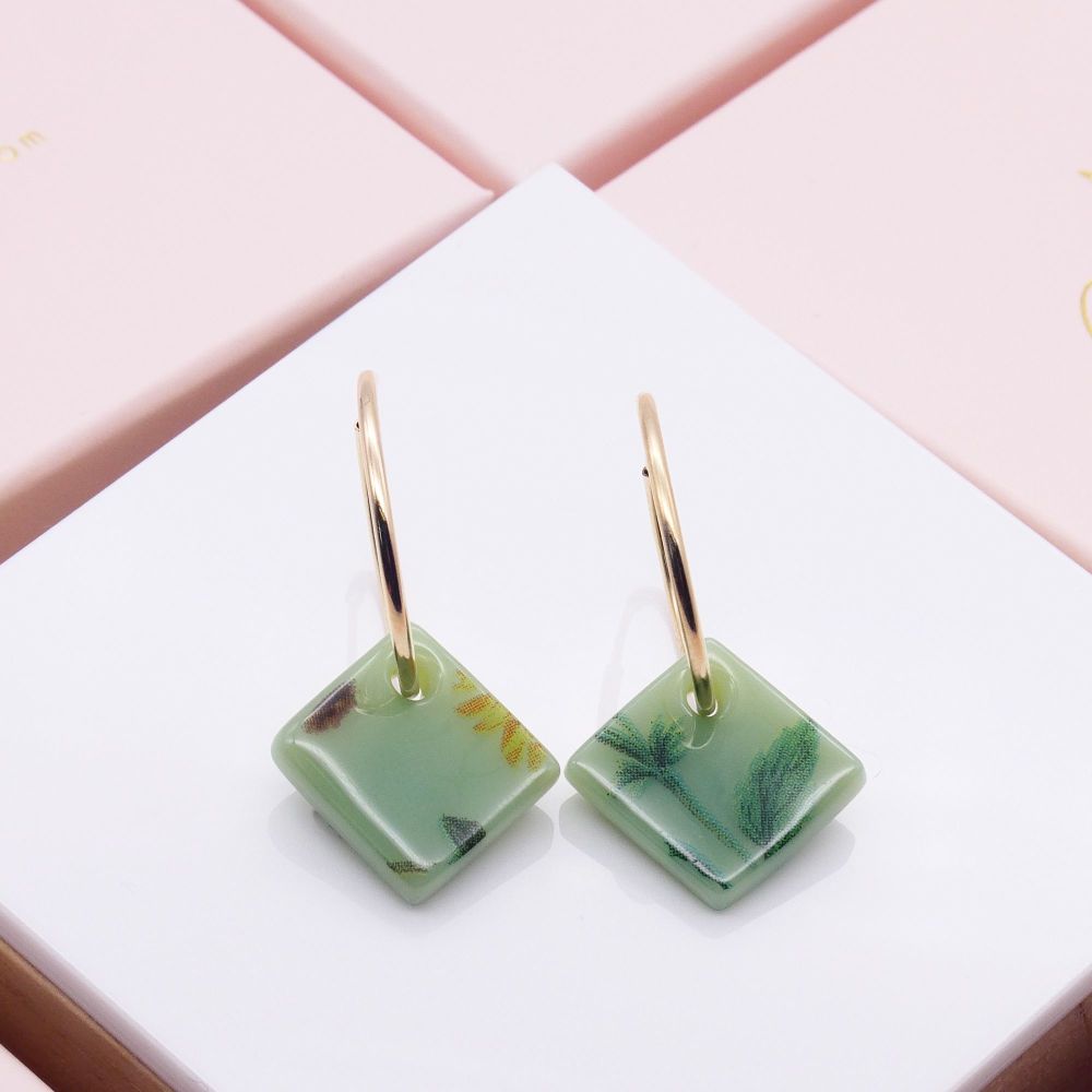 Green Glass tiles on Gold filled hoop earrings