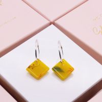 Yellow Glass Tile earrings on sterling silver hoops