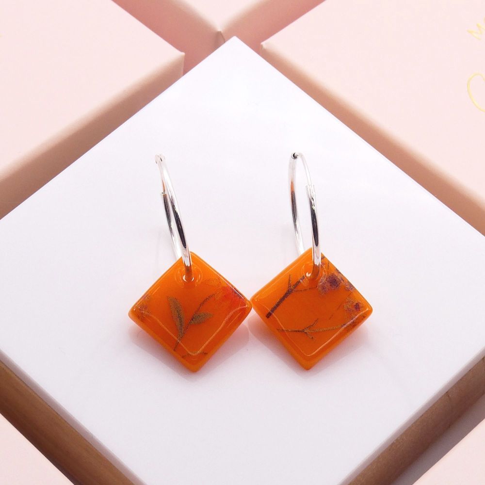 Orange Glass Tile earrings on sterling silver hoops
