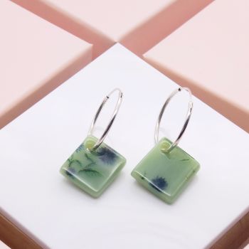 Green Glass Tile earrings on sterling silver hoops