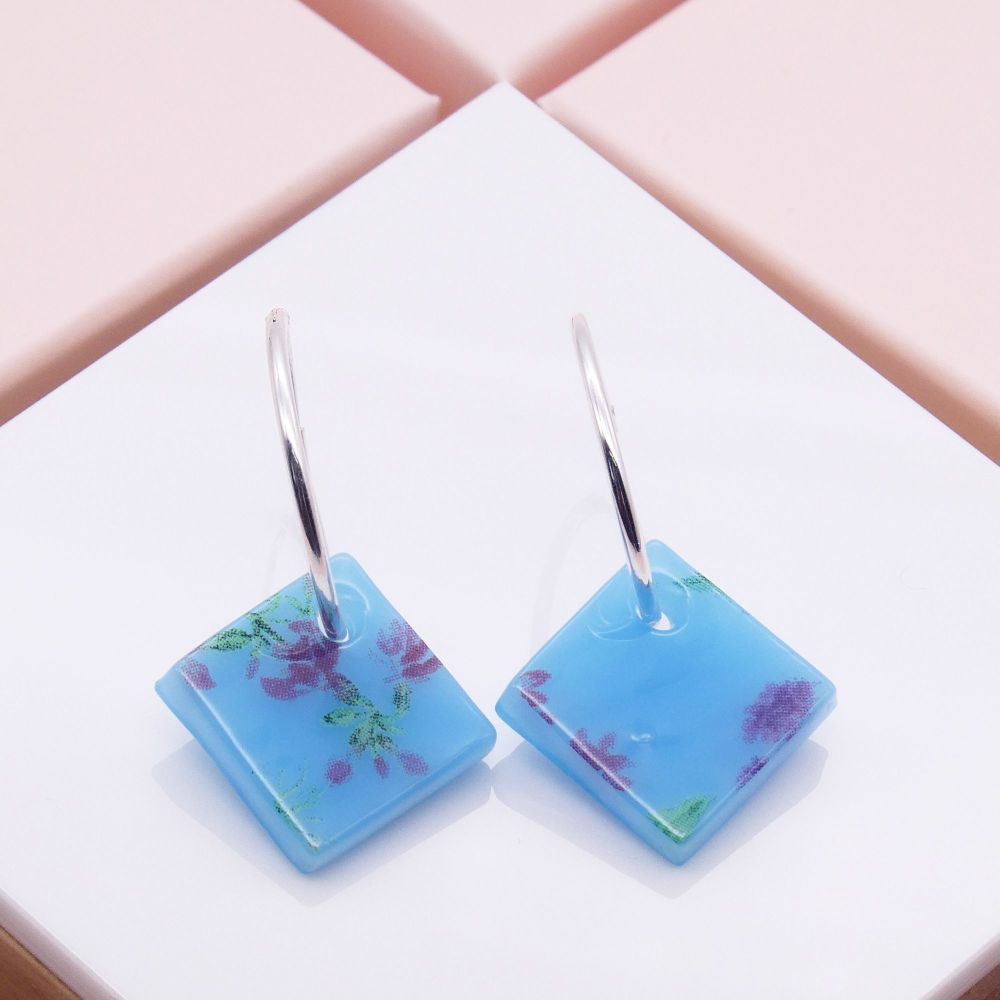 Light Blue Glass Tile earrings on sterling silver hoops