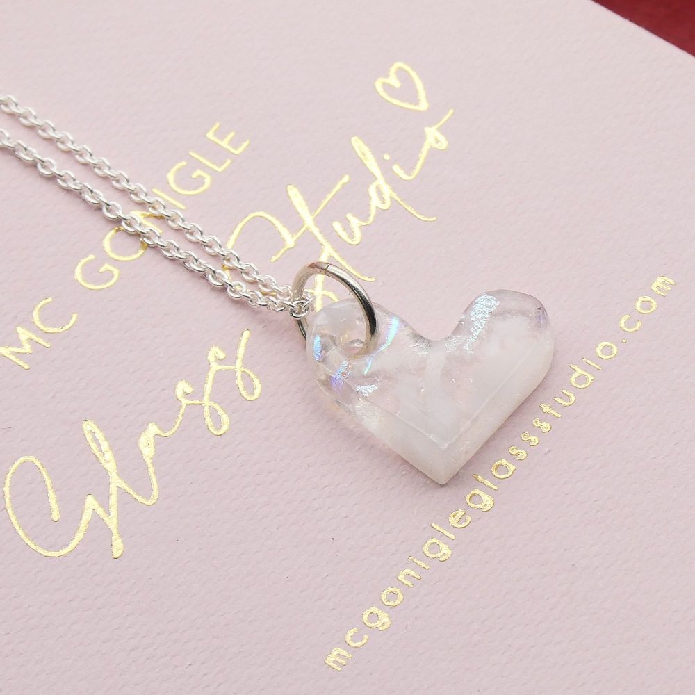 Clear and white  glass heart on silver