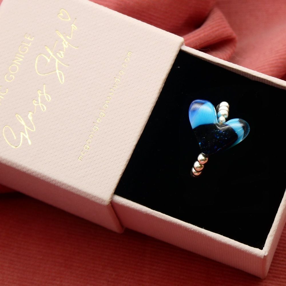 Simply Silver Ring with Midnight blue Glass Heart