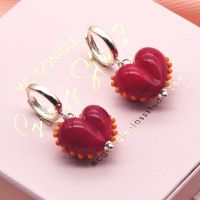 Red and Orange dotty Glass Heart earrings on silver hoops