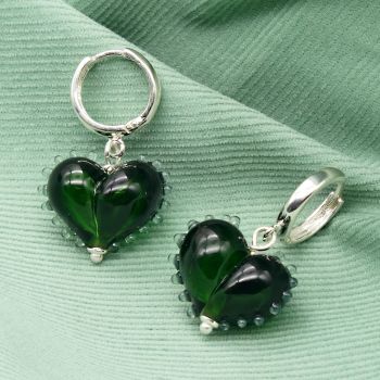 Emerald green and turquoise dotty Glass Heart earrings on silver hoops