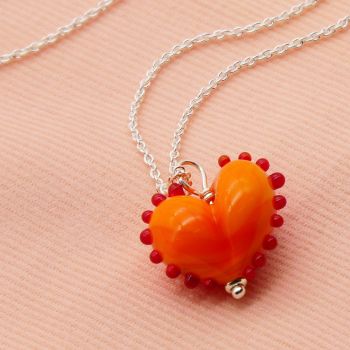 Orange and Red dotty glass Heart Necklace