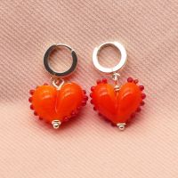 Orange and Red dotty Glass Heart earrings on silver hoops