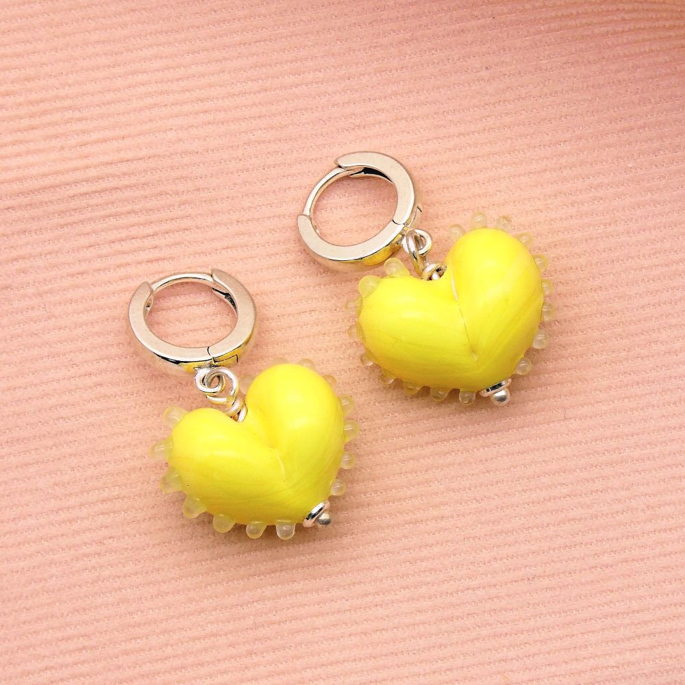 Yellow and turquoise dotty Glass Heart earrings on silver hoops